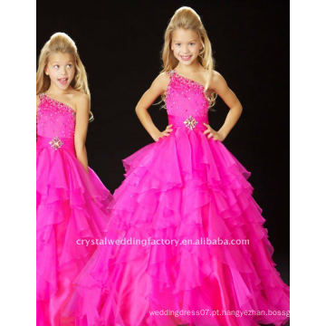 Venda quente, um ombro, frisado, arruinado, fuschia, organza, personalizado, desfile, vestido, flor, menina, vestidos, CWFaf3388